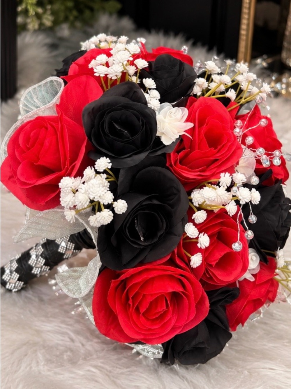 Faux Floral Bouquet - Red, Black & White Accent Roses